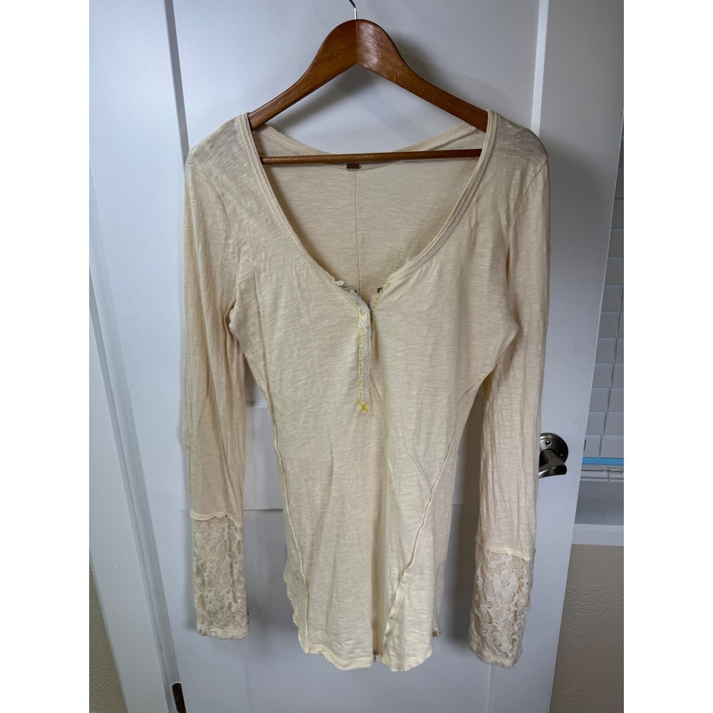 Free People Cream Lace Cuff Henley Long Sleeve Y2K Slub Cotton Top Ivory